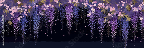 Elegante Vektor-Illustration von herabhängenden Glyzinienblüten in Lila- und Rosatönen, die eine anmutige florale Bordüre auf dunklem Grund bilden.