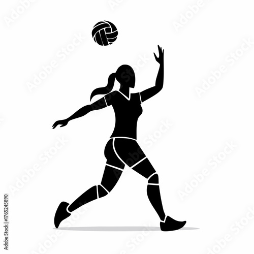 Flat vector silhouette of a volleyball player spiking the ball, black shape on plain white background