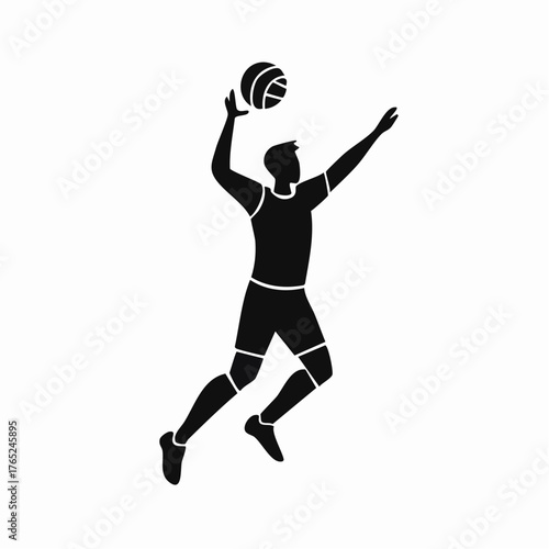 Flat vector silhouette of a volleyball player spiking the ball, black shape on plain white background