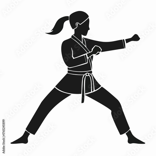 Minimalist black-and-white flat vector of a martial artist in a fighting stance, silhouette style