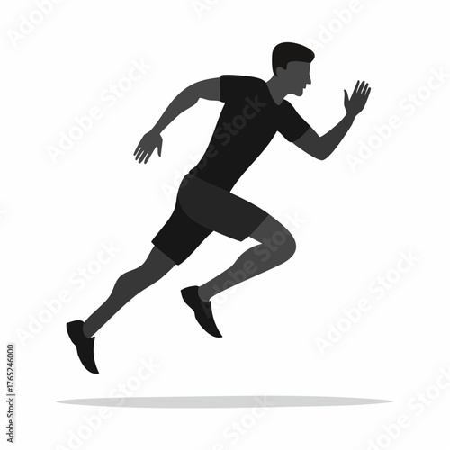 Flat vector black silhouette of a runner sprinting, dynamic pose, white background