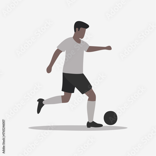 Flat vector black and white silhouette of a soccer player kicking a ball, minimalist design on plain background