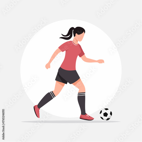 Flat vector black and white silhouette of a soccer player kicking a ball, minimalist design on plain background