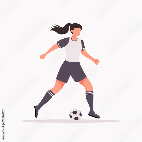 Flat vector black and white silhouette of a soccer player kicking a ball, minimalist design on plain background