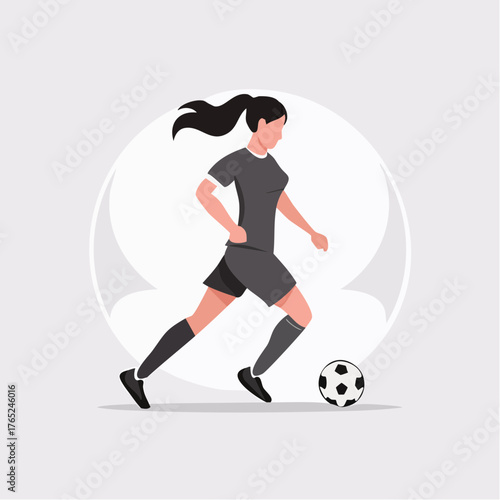 Flat vector black and white silhouette of a soccer player kicking a ball, minimalist design on plain background