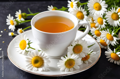 Cup of herbal tea surrounded by chamomile flowers