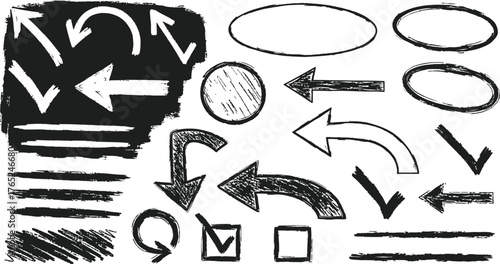 Hand drawn chalk style arrows and abstract scribbles set with grunge texture in white on dark background 