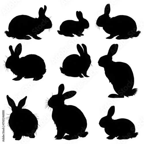 Set of nine black rabbit silhouettes in various poses.