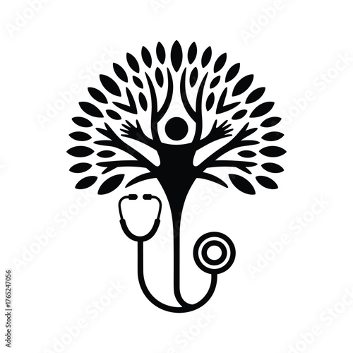 Black Silhouette of a Person as a Tree with Stethoscope for Healthcare and Medical Symbolism on White Background