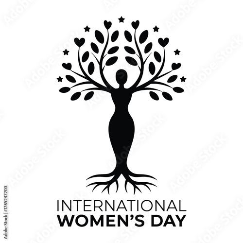 Black Silhouette of a Woman as a Tree with Roots and Stars for International Women's Day on White Background