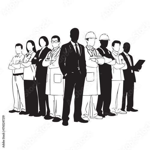 Diverse Professionals Across Industries Standing Together Including Businessperson Doctor and Construction Worker Representing Various Careers