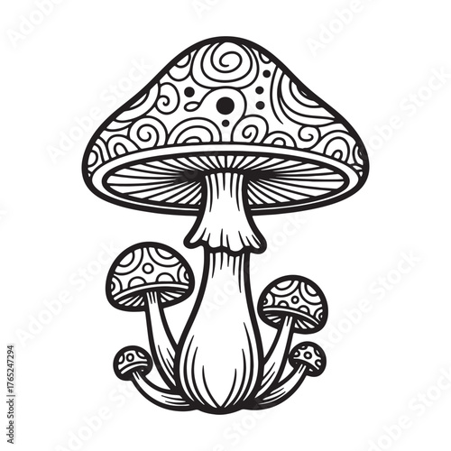 Mystical mushroom cluster monochrome line art illustration fantasy woodland design