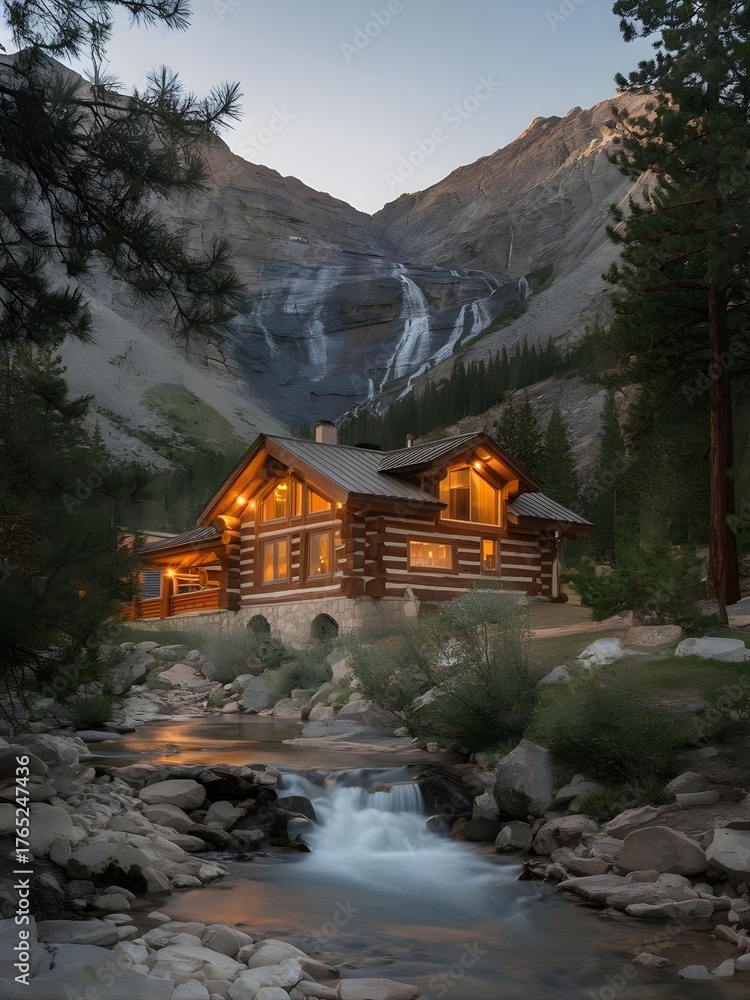 Fototapeta premium Cozy Log Cabin by Mountain Waterfall and Peaceful Forest Creek
