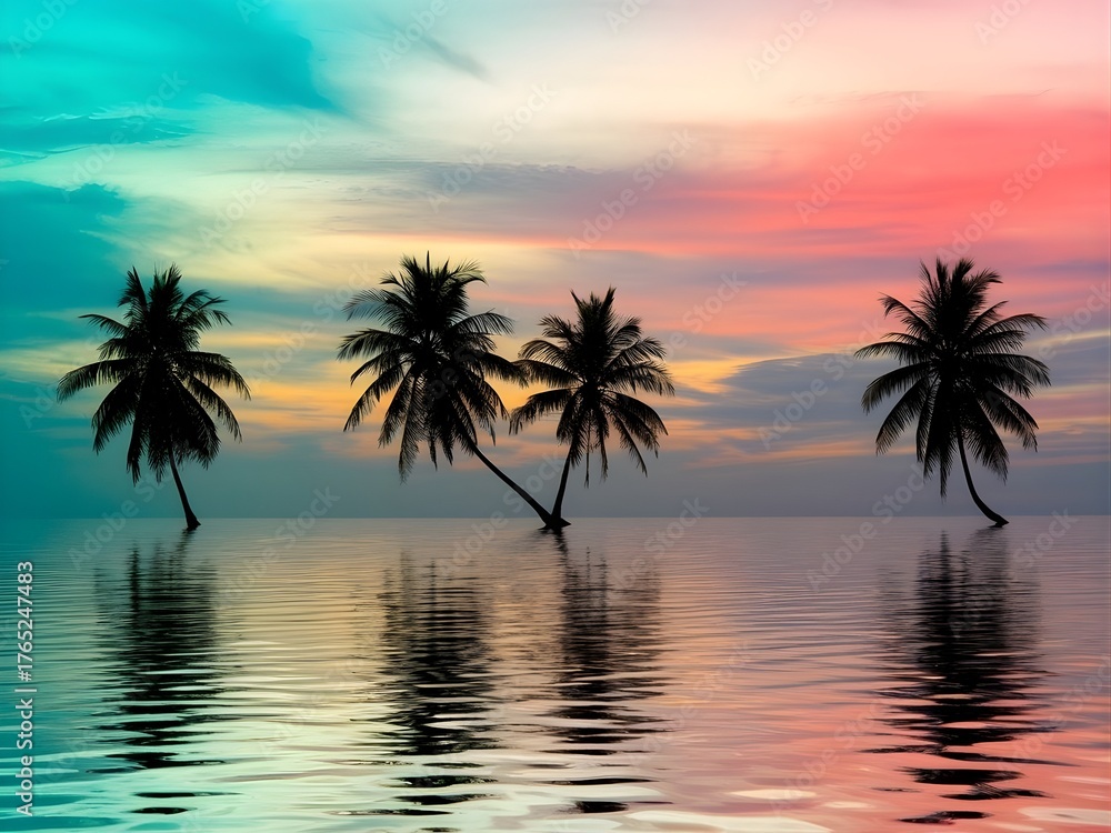 Obraz premium Silhouetted Palm Trees with Turquoise and Pink Sky Over Calm Water