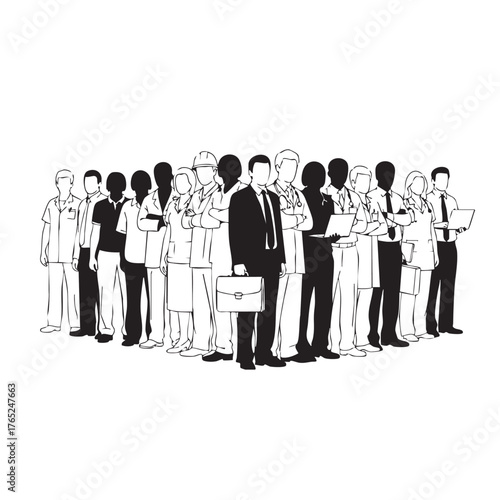 Large Group Diverse Occupations Silhouette Line Art Business Professionals Healthcare Workers Construction Workers Standing Together