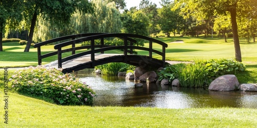 Serene Black Wooden Bridge Over Calm Water in Lush Green Landscape