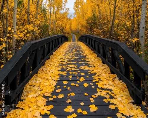 Serene Wooden Bridge Surrounded by Vibrant Autumn Foliage and Leaves
