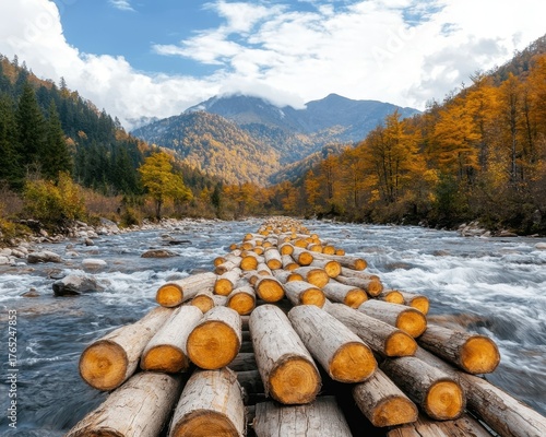 Scenic River with Logs and Autumn Trees in Majestic Mountain Landscape