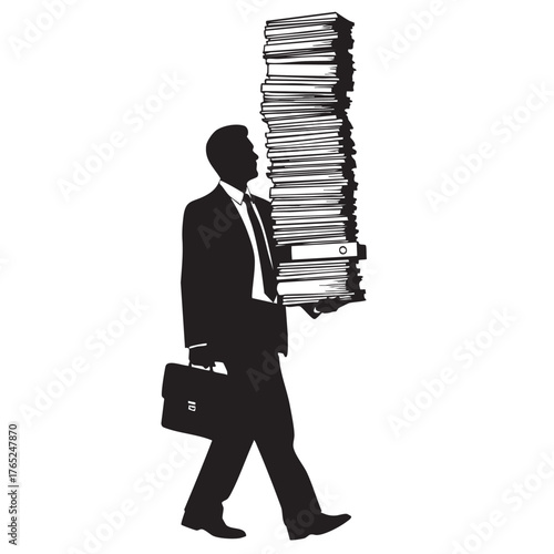 Overworked Businessman Silhouette Carrying Heavy Stack of Documents Briefcase Workload Stress Burden Paperwork Administration Overtime Hard Work