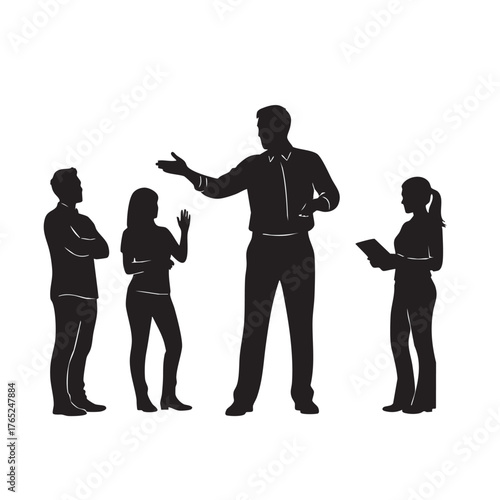 Business Leader Addressing Team Silhouettes Four Professional People Group Presentation Explaining Directing Guiding Coaching Meeting