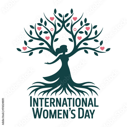 International Women's Day Tree Logo with Female Silhouette Roots and Pink Hearts on White Background