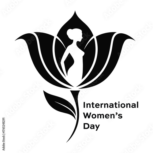Silhouette of a woman inside a black lotus flower with text International Womens Day on a white background Keywords: silhouette, woman, female, lotus, flower, bloom, petals, elegant, beauty
