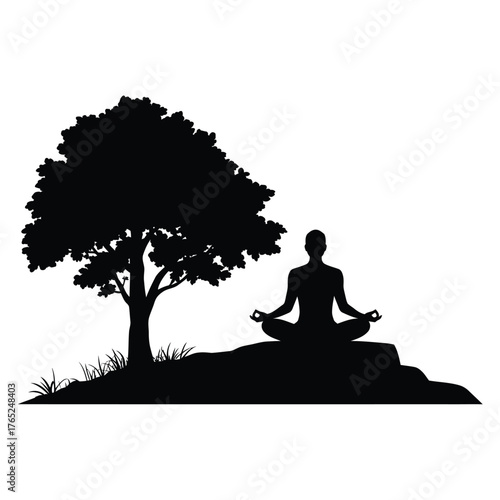 Silhouette of person meditating under a tree on a rocky outcrop