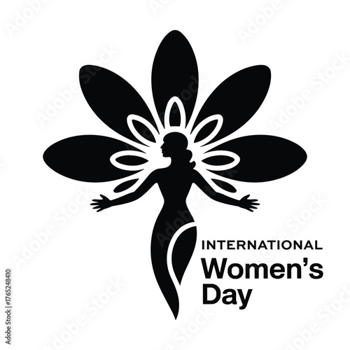 Silhouette of a woman with outstretched arms against a large floral design for International Women's Day
