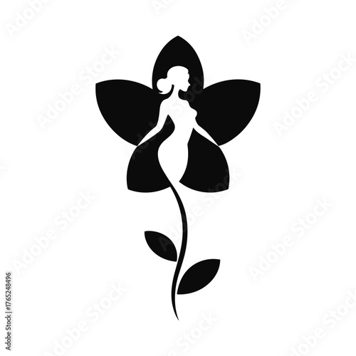 Silhouette of a Woman's Body Merging with a Flower Petal and Stem with Leaves on White Background female