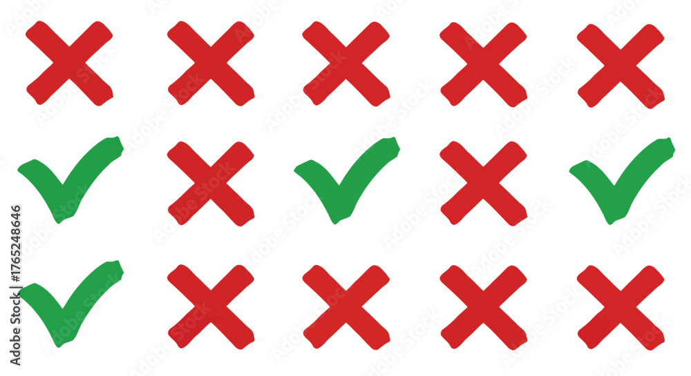 Obraz premium Red crosses and green checkmarks in a grid silhouette