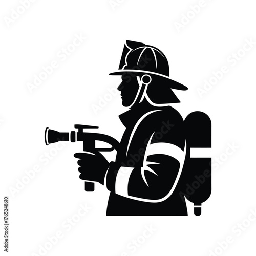 Silhouette of a firefighter holding a hose and wearing protective gear