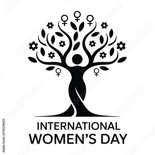 Stylized tree with female symbols and flowers forming a human figure for International Women's Day Venus symbol