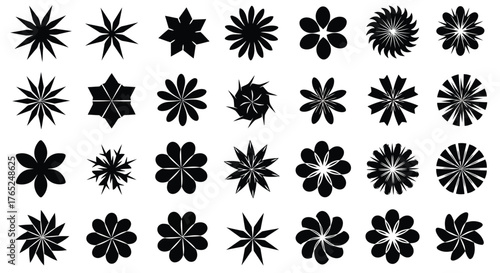 Collection of diverse abstract floral and star shapes silhouette