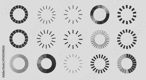 Collection of circular loading spinners and progress indicators silhouette