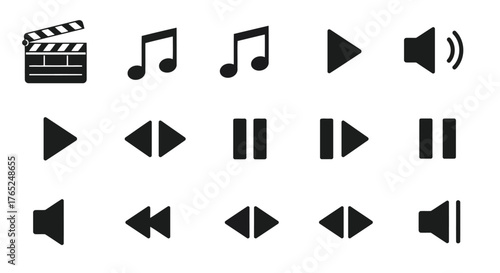 Collection of media player and movie icons silhouette