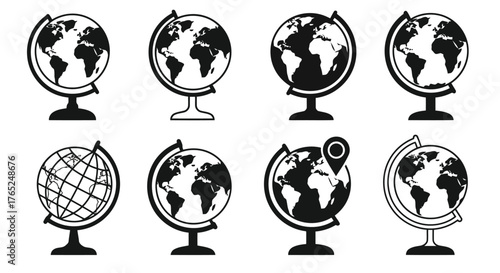 Collection of eight globe icons silhouette