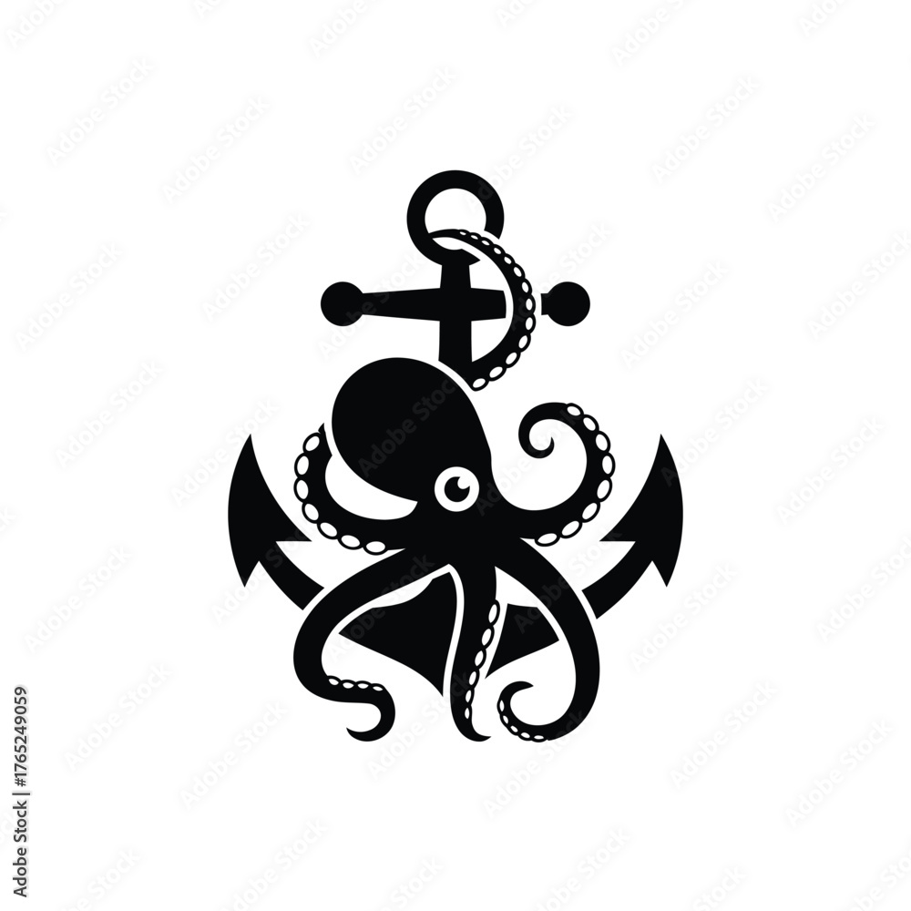 Naklejka premium Black silhouette of an octopus wrapped around a nautical anchor