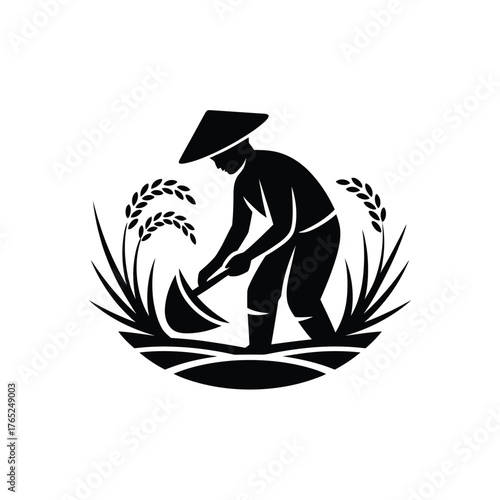 Silhouette of asian farmer working in rice paddy wearing conical hat