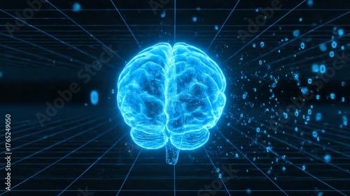 A luminous, blue-glowing human brain illustration with data symbols in a digital grid