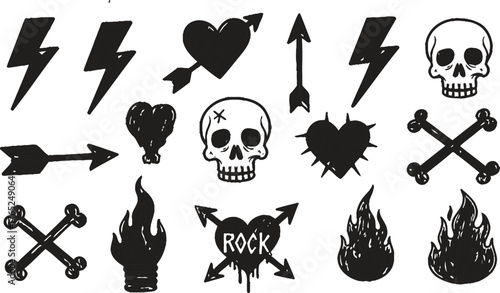 Grange punk elements with chalk, pastel or crayon texture. Hand drawn sketch tattoo shapes. Color vector illustration in retro style.