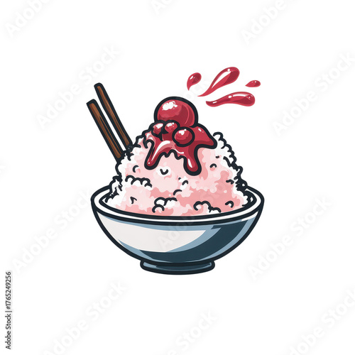 Cartoon style shaved ice dessert topped with bright red cherry syrup and whole cherries in a bowl