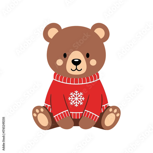 Cute Cartoon Bear Wearing a Christmas Sweater Isolated on White Background