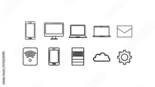Technology and Communication Line Icons Set on White Background Keywords: technology, communication, icons, smartphone, mobile phone, computer