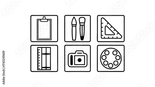 Art and design tools icons including clipboard, brushes, ruler, camera, and palette Keywords: art, design, tools, icons, clipboard, paper, pen
