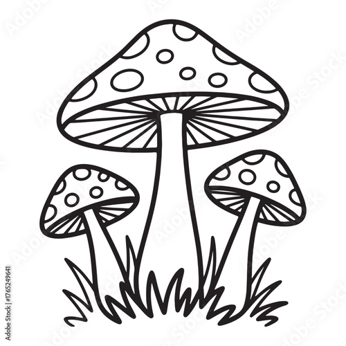 Mushroom group illustration in black and white design whimsical nature art