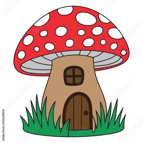 Cartoon Illustration of a Mushroom House with Door and Window