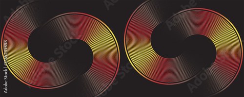 Dark geometric abstract background with overlapping circular lines in space. Circle style concept, modern graphic design element.