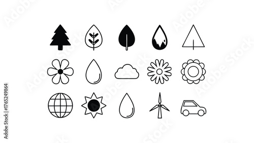 Eco Friendly Icons With Tree Leaf Flower Cloud Sun Water Globe Wind Turbine illustration