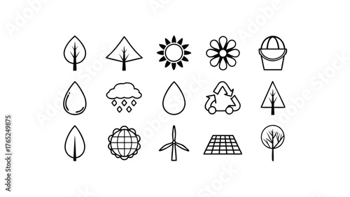 Environmental Icons With Tree Leaf Sun Flower Bucket Water Cloud Recycle (53) illustration