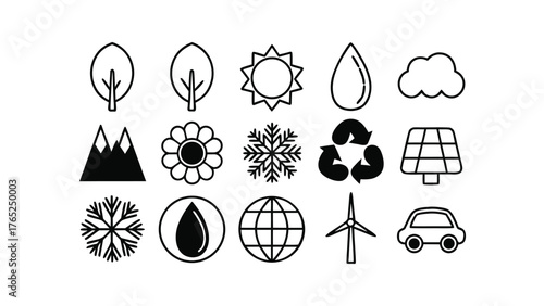 Nature And Environment Icons Set With Tree Sun Water Cloud Flower Snowflake illustration
